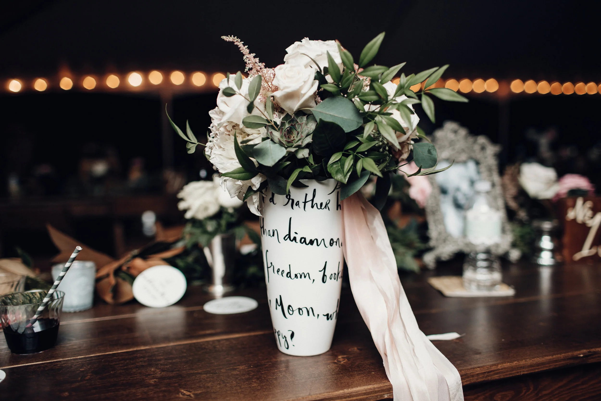 Black and White Script Vase for Bouquet/ Centerpiece