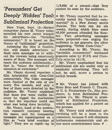 The original Advertising Age article describing James Vicary’s purported findings.