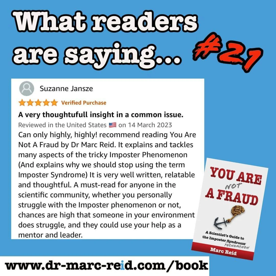 The latest book review for #YouAreNotAFraud is in!
“A very thoughtufull insight in a common issue.
⭐️⭐️⭐️⭐️⭐️
Can only highly, highly! recommend reading You Are Not A Fraud by Dr Marc Reid. It explains and tackles many aspects of the tricky Im