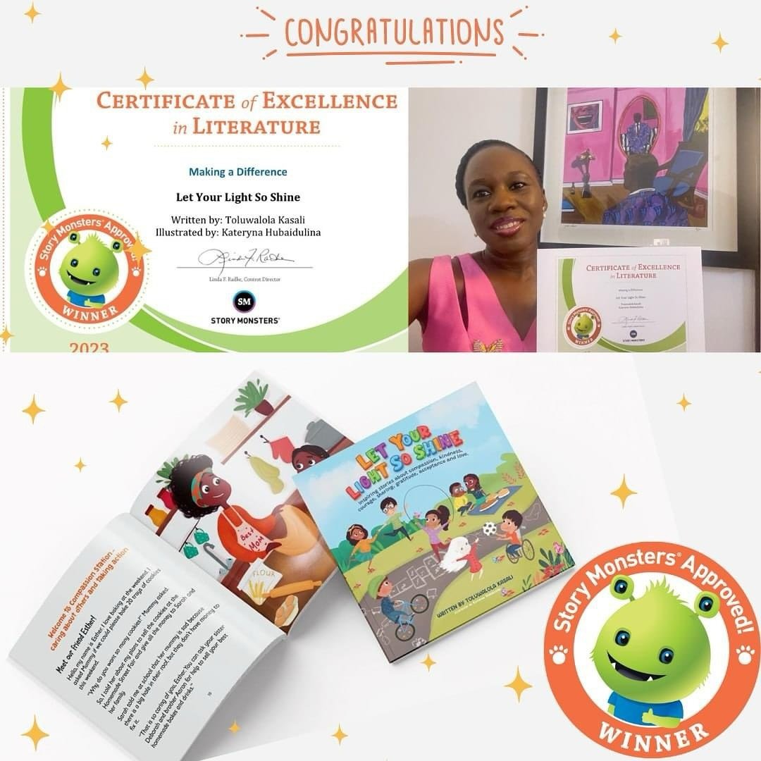 Congratulations to Toluwalola Kasali, whose book, &ldquo;Let Your Light So Shine&rdquo; earned the 2023 Story Monsters Seal of Approval in the Making a Difference category!