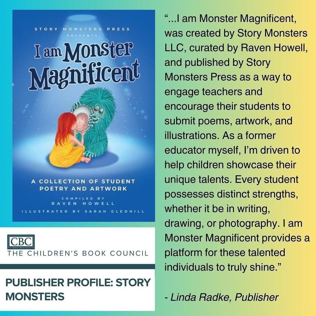 Book News shared by Raven Howell

MONSTER MAGNIFICENT got a little attention via Linda Foster Radke&rsquo;s interview with The Children&rsquo;s Book Council! How cool is that?! 😄 https://www.amazon.com/Monster-Magnificent-Collection-Student-Artwork/
