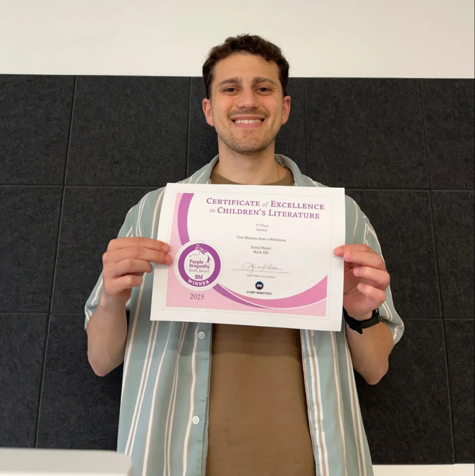 Congratulations to David Meyer, whose book, &ldquo;Five Minutes from a Meltdown: A Comedic Poetry Collection&rdquo; earned First Place in the Humor category at the 2025 Purple Dragonfly Book Awards!