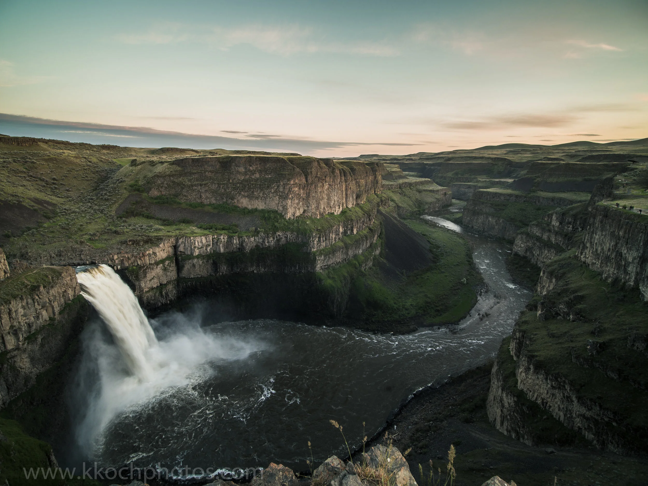 Palouse Falls at sunset. We were allowed to walk around on top, but obviously no to the bottom, as that would interfere with rescuers.
