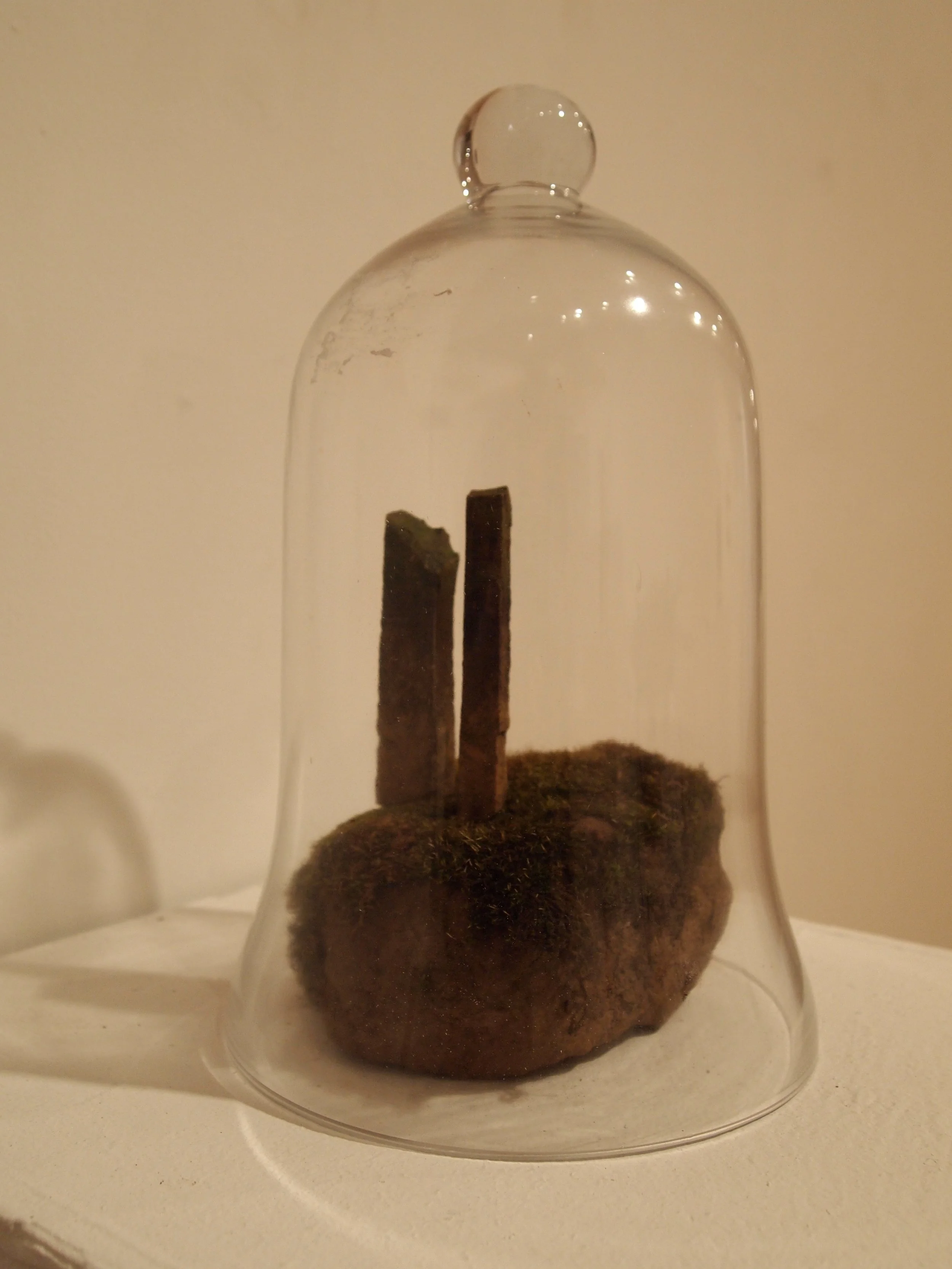  Found rock with moss, two slate spires arranged as found; moss kept living in cloche 