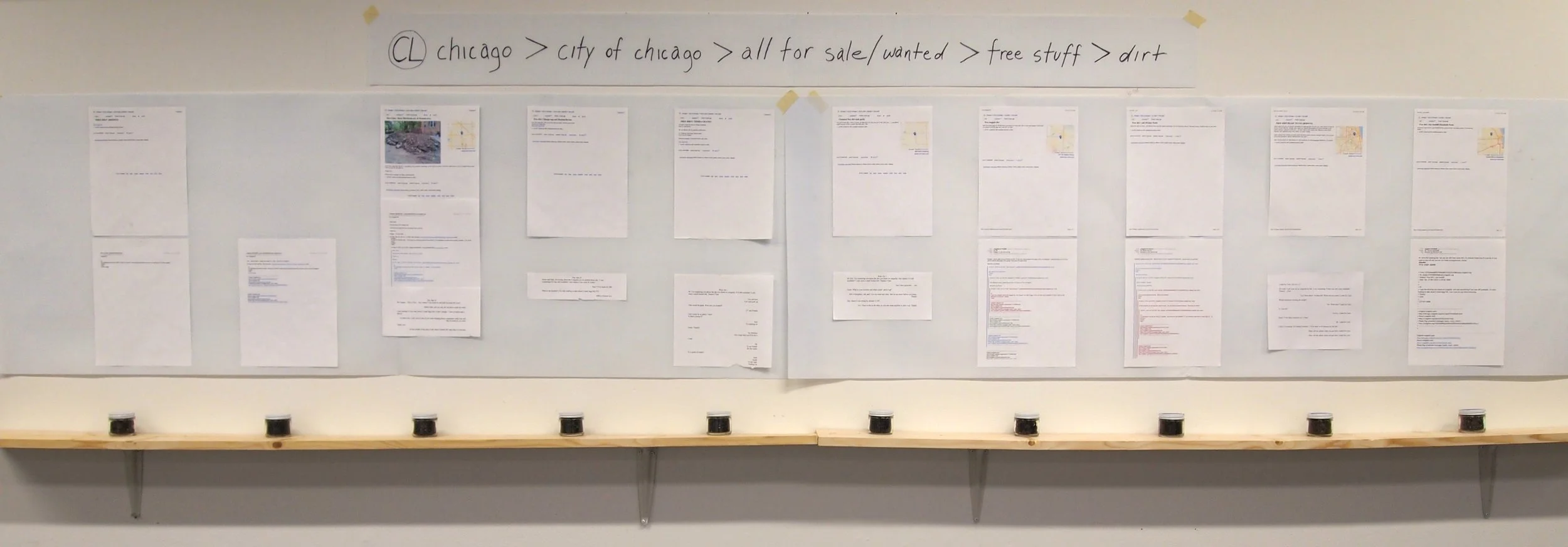  I answered every ad on Chicago’s Craigslist page for free dirt***. &nbsp;The original internet listing, the conversations/stories concerning the acquisition of the dirt, and the corresponding dirt (jarred) are presented.  ***This wall piece only sho