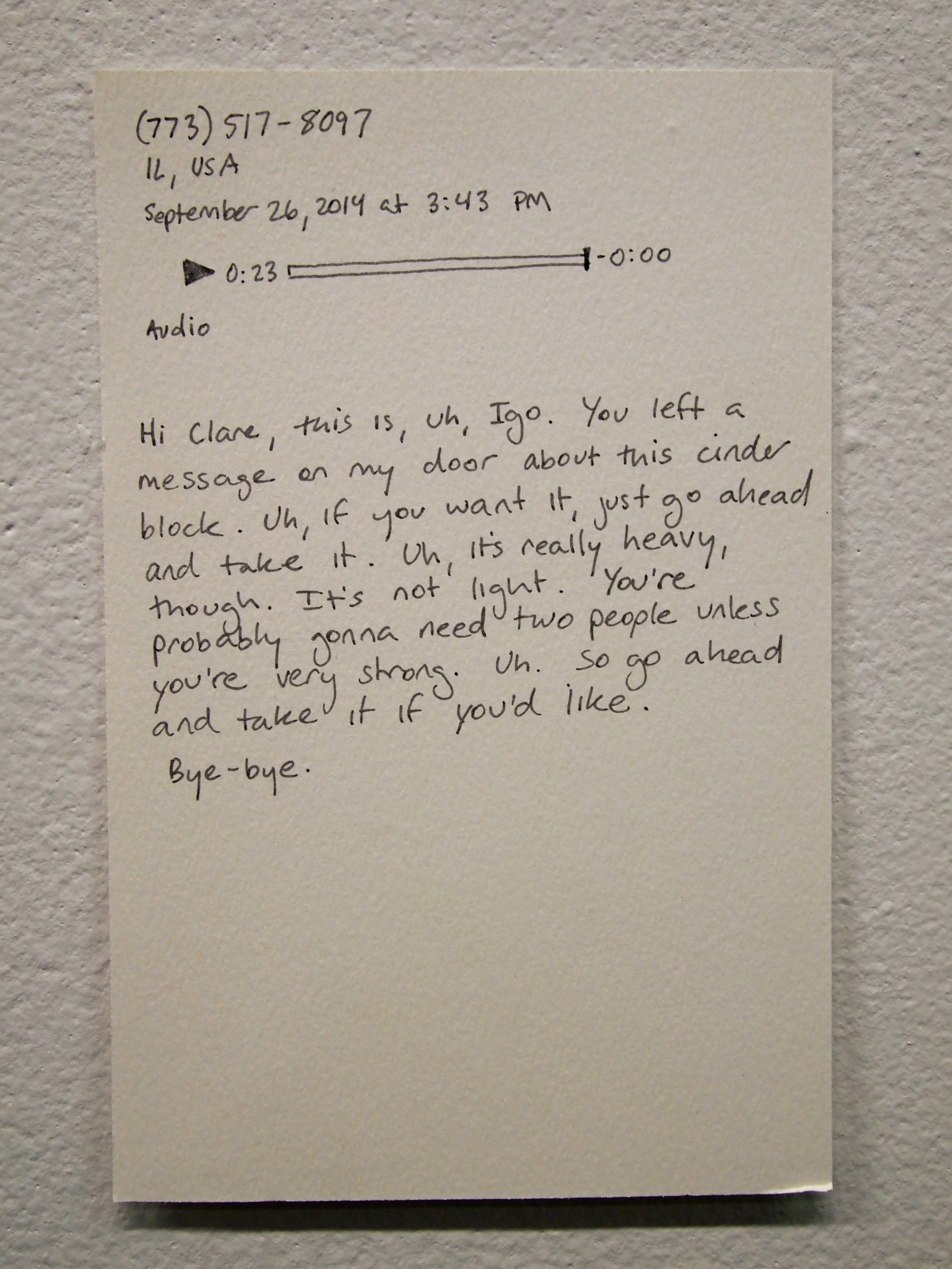 The voicemail reply to my note