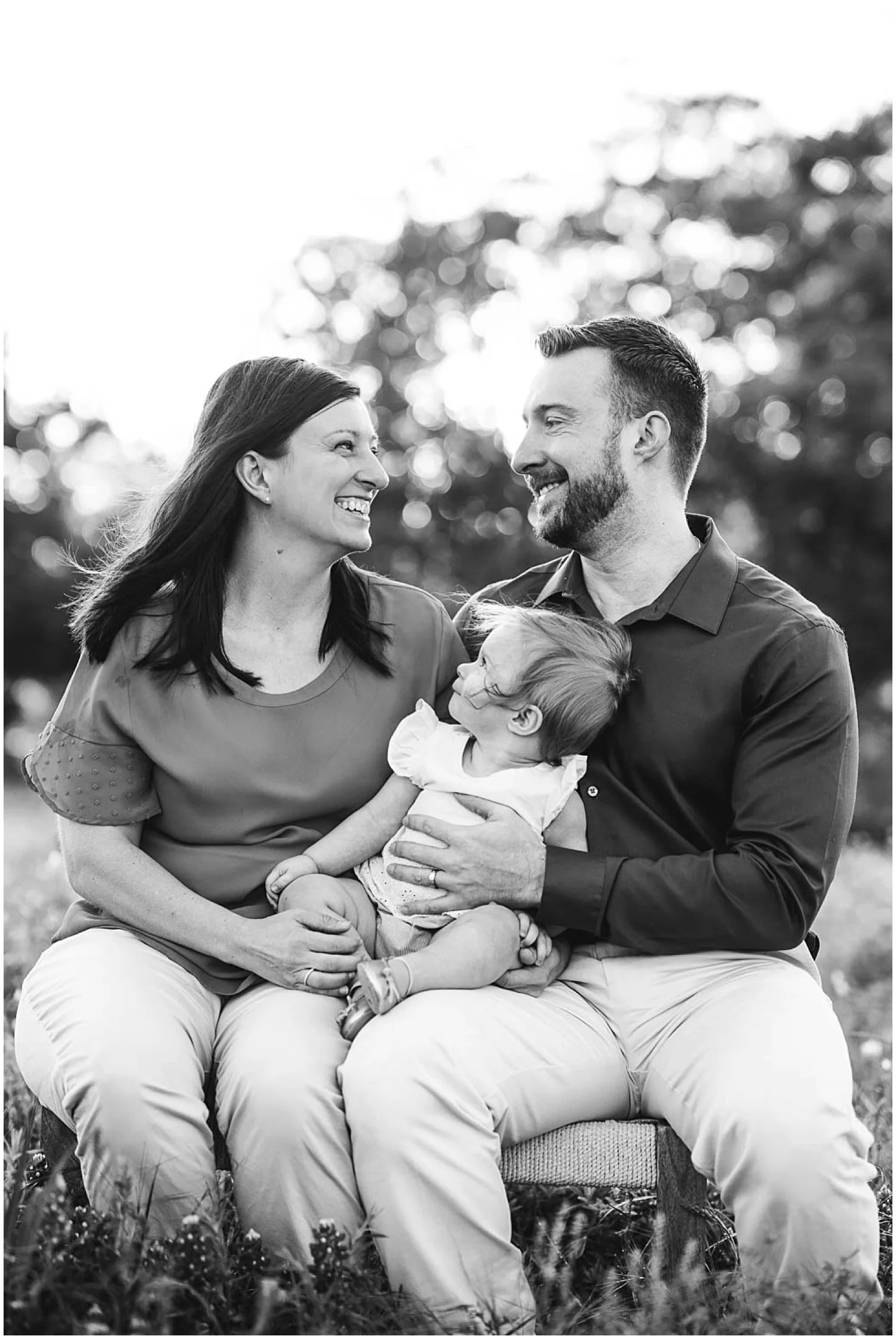 black and white family photo during austin sunrise