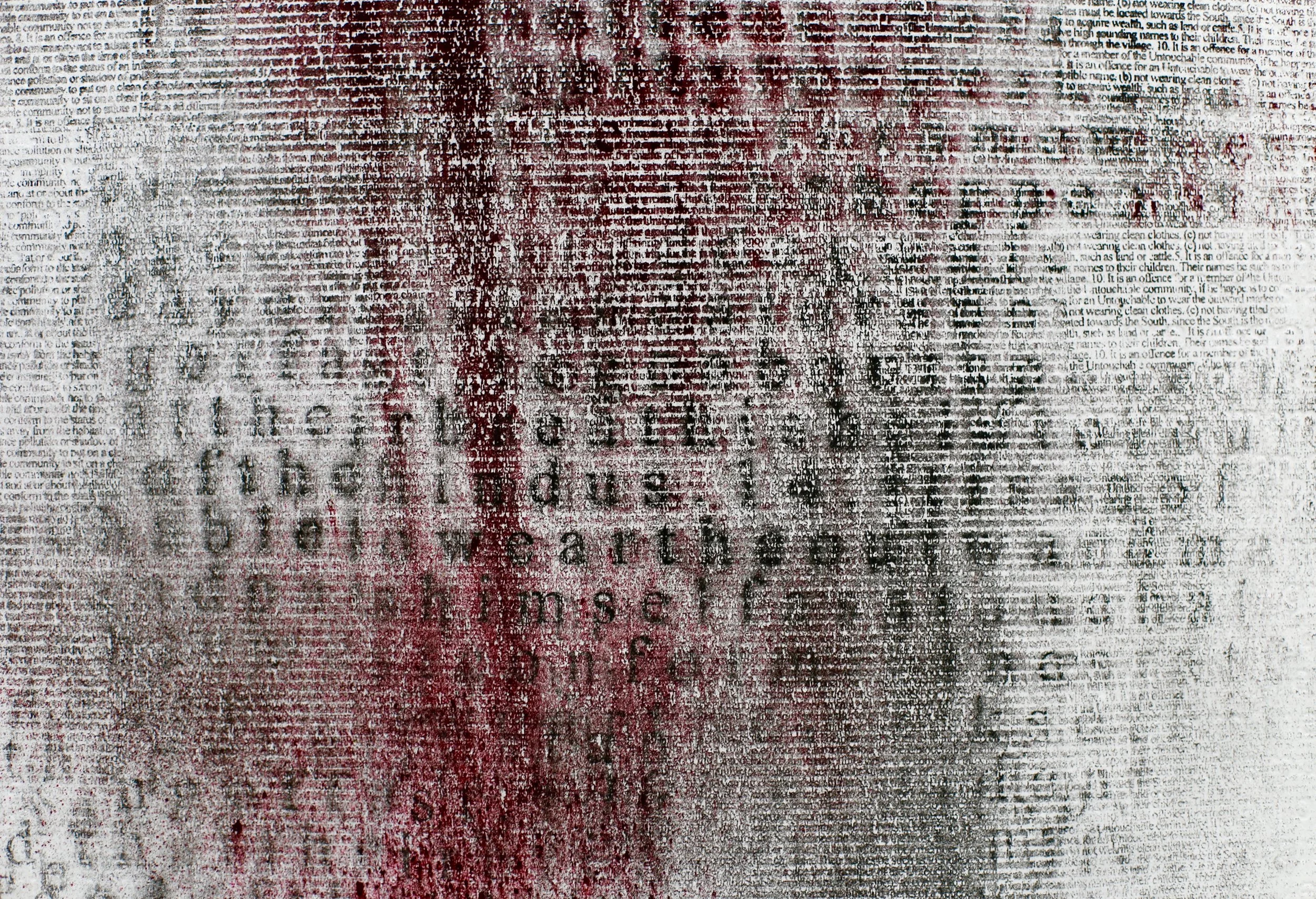 Annihilation (detail, silkscreened vermillion and black pigment on zinc embossing), 110 x 80 cm