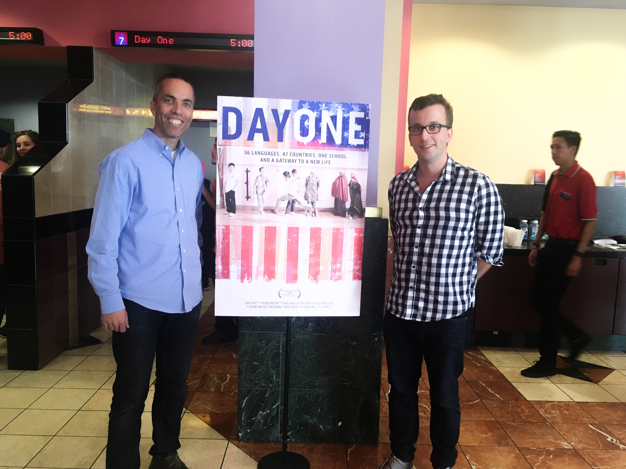 Hydro Studios' Director of Entertainment, Kirt Eftekhar and Editor David Beerman are all smiles in front of our newly printed Day One poster. 