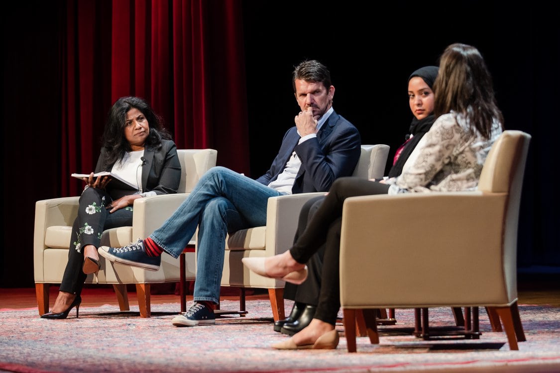 CARE Chef Advocate Asha Gomez, Director Thomas Morgan, CARE Egypt's Iman El-Mahdi and Julia Kent, Strategic Partnerships Director for CARE, contributing to the post-screening discussion of Soufra .
