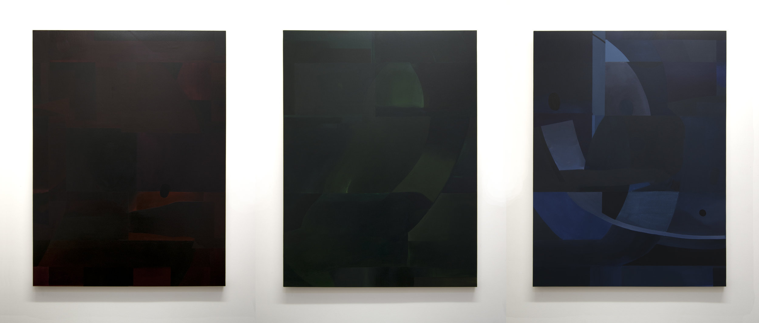  The Warnings and the Signs (Red, Green, Blue), 2014 (Installation view)  Acrylic on panel, 48 x 36 inches each 