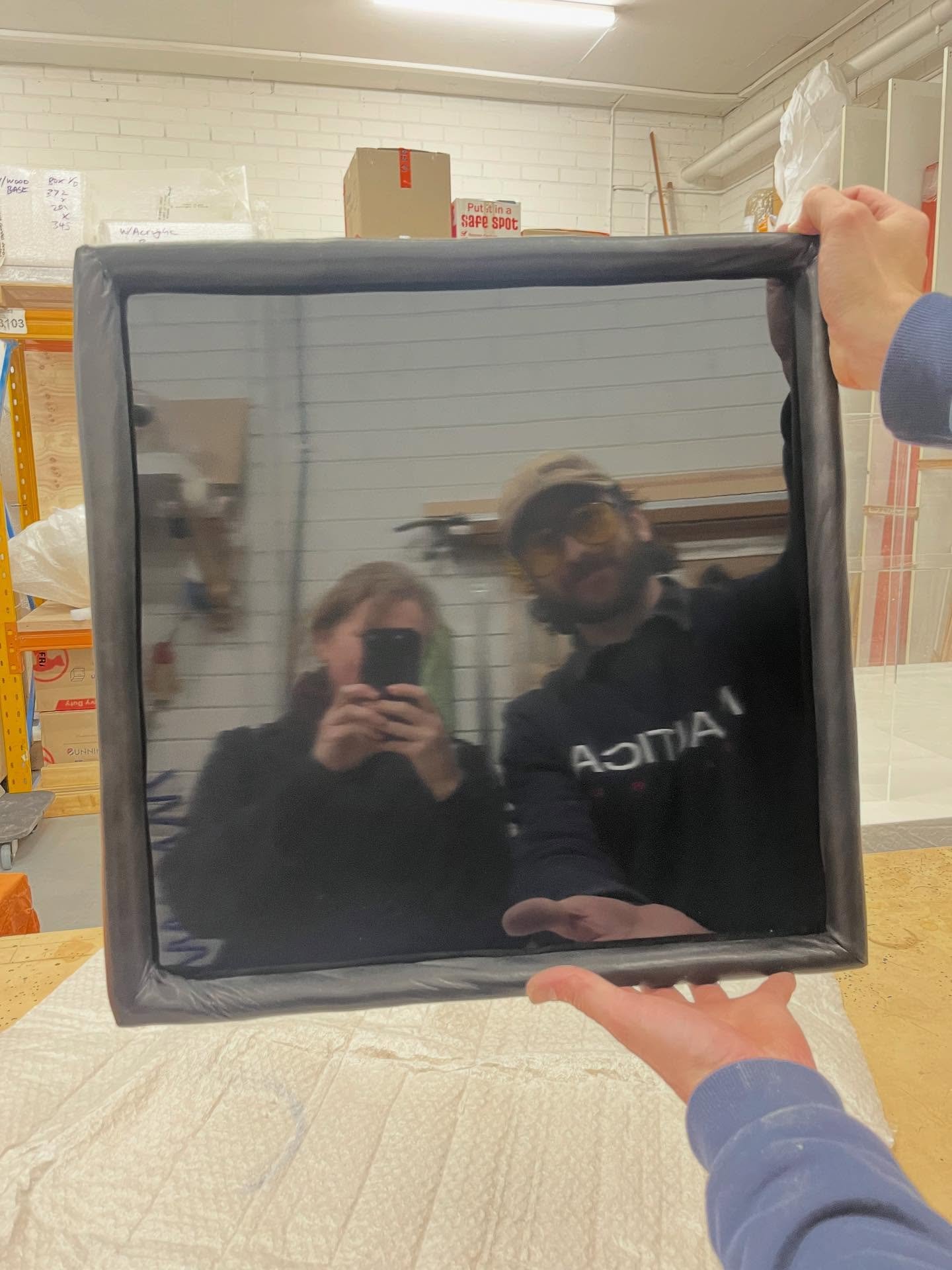 *work in progress - years in the thinking - how to stretch my leather web of tiny offcuts on to a frame so you see a taut fragmented skin over a shadowy mirror &lsquo;cave&rsquo;
To the rescue @alexei_ha @chapmanbailey 
Plywood shadow frame, staple o