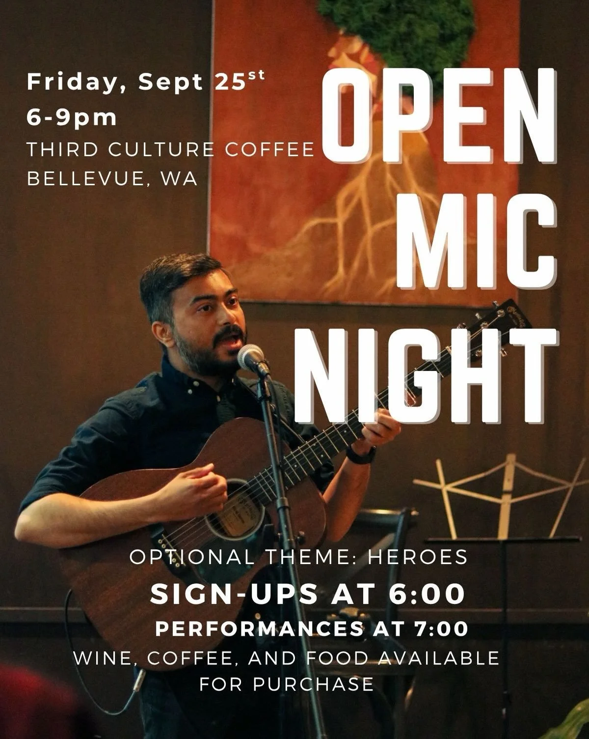 Mark your calendars! Next Open Mic Night is Friday, Sept 25th! Sign up at 6:00 to secure your spot to perform, sign-up sheet fills up fast! Looking for musicians, poets, writers, and comedians! All are welcome! 

Additional reminders:
- Performances 