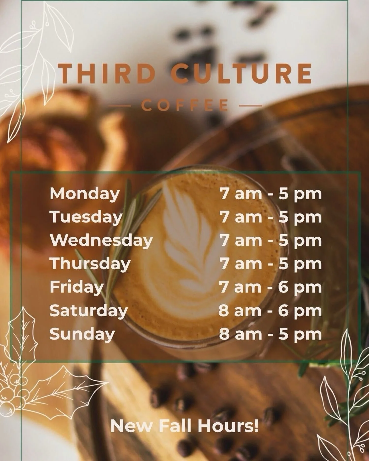 Fall hours are back, starting tomorrow! 🍁
New Hours:
7:00am-5:00pm Monday-Thursday
7:00am-6:00pm Friday
8:00am-6:00pm Saturday
8:00am-5:00pm Sunday