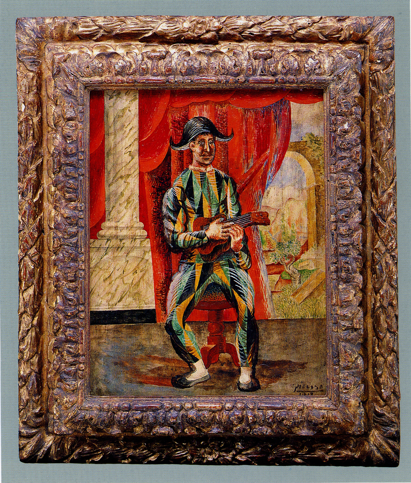 Pablo Picasso Harlequin with guitar, 1918, in an Italian 17th-century frame