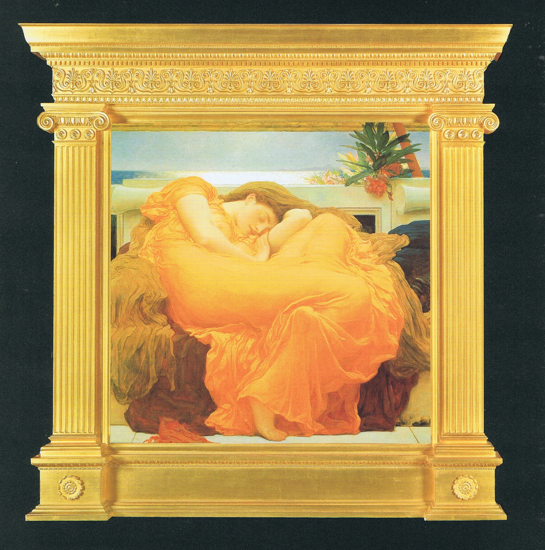 Frederic, Lord Leighton Flaming June 1895, oil on canvas, 46 7/8 x 46 7/8 ins. Courtesy, Museo de Arte de Ponce, the Louis A. Ferré Foundation Inc., Puerto Rico. Reproduction of original tabernacle frame designed by Frederic, Lord Leighton, commissioned by Christie’s and made by Arnold Wiggins & Sons Limited, 1996.