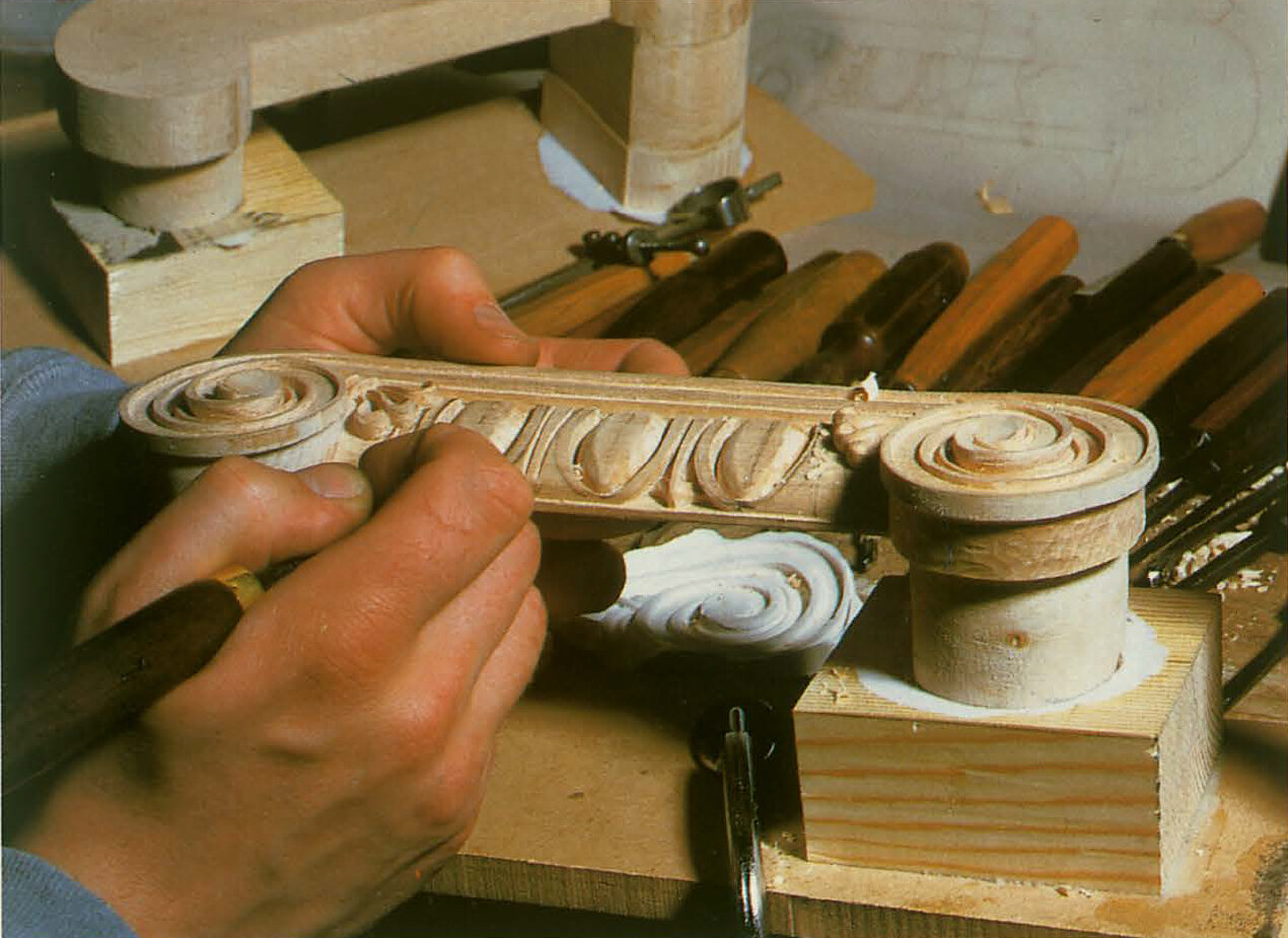 The ornament, as on the original frame, was either carved in wood using different shaped chisels and gouges or cast in composition, made to a traditional recipe of resin, linseed oil, Scotch glue and whitening. Moulds were made from casts of the same ornament taken from other Leighton frames.
