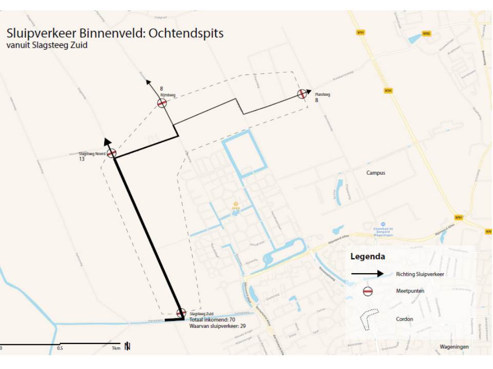 Ochtendspits in het Binnenveld. Route Nieuwe Kanaal - Slagsteeg, Rijnsteeg en Campus