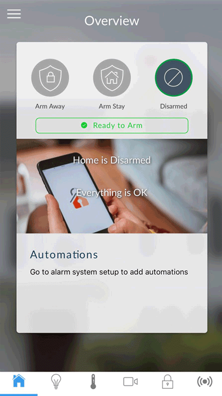 homesecure alarm app menu disarmed