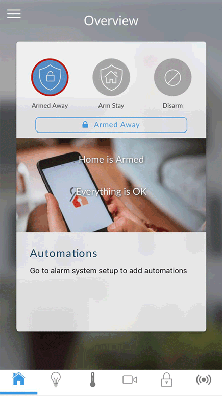 homesecure house alarm app menu armed