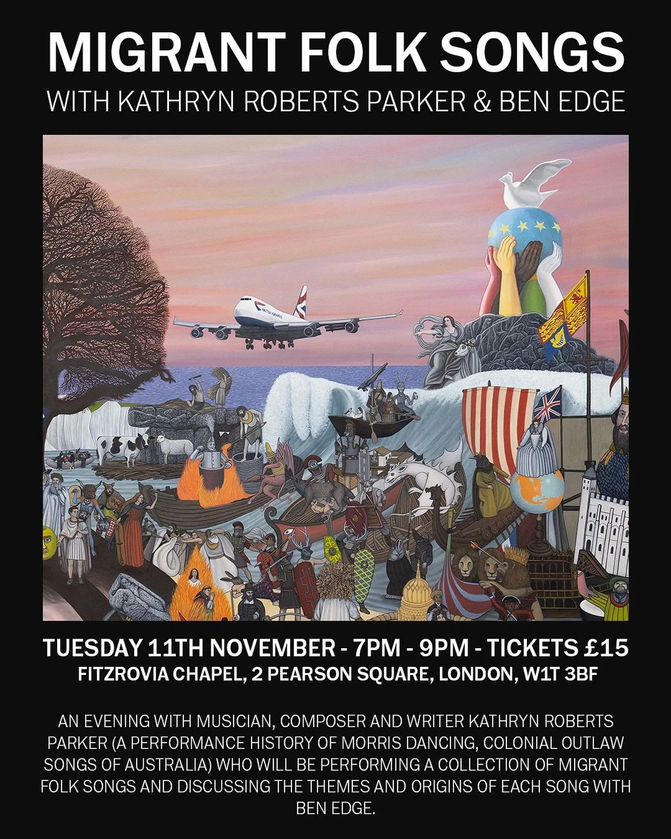 Very much looking forward to tomorrow evening at the Fitzrovia Chapel, where I&rsquo;ll be hosting An Evening with musician, composer, and writer Kathryn Roberts Parker.
Kathryn will be performing a powerful set of migrant folk songs, drawn from her 