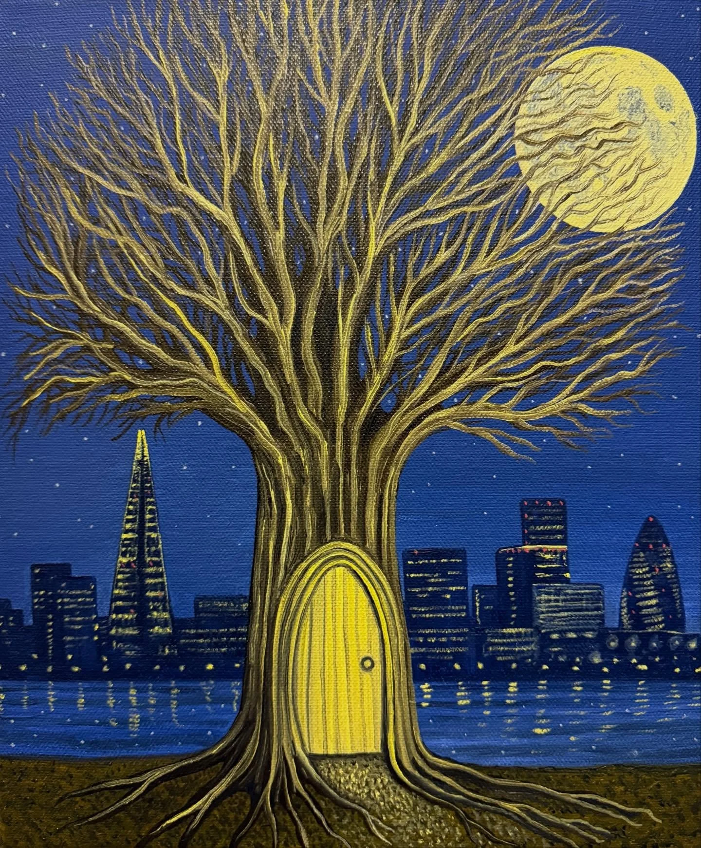 OAK MOON
By Ben Edge, 2025
Oil on Canvas, 30 &times; 25 cm

The Oak Moon that fell on December 4th, the last full moon of the year, marking a moment of reflection before the ritual cycle of the New Year begins. It is traditionally associated with str