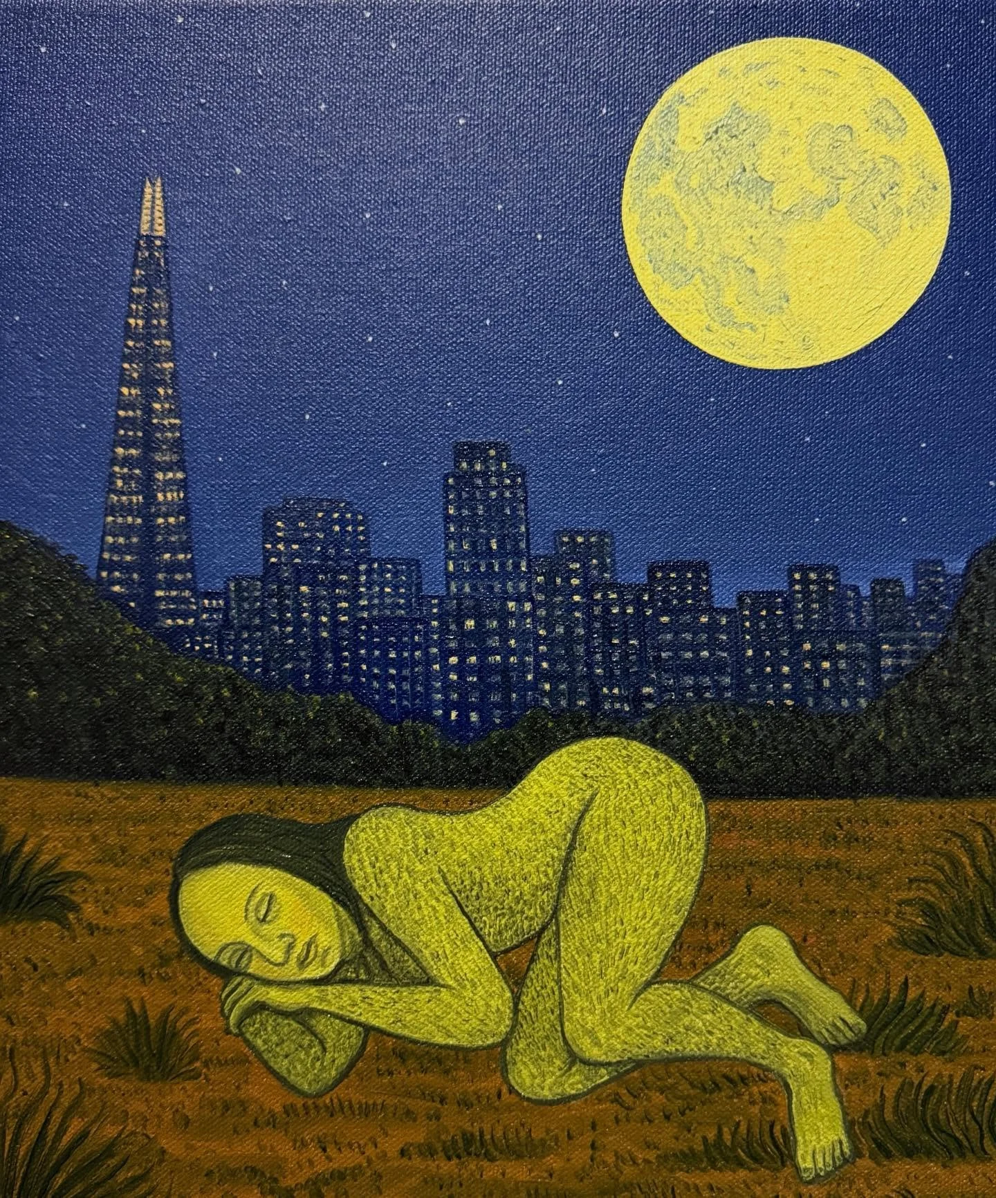 QUIET MOON
Ben Edge, 2025
Oil on Canvas, 30 &times; 25 cm
January&rsquo;s full moon, once known to the Celts as the Quiet Moon, reaches its fullest point in the early hours of tomorrow morning, though it appears full this evening. The land remains ba