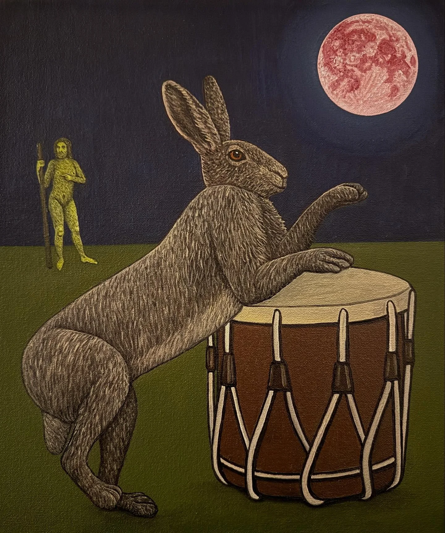 The Mad March Hare at Pink Moon, By Ben Edge, 2026
Oil on Canvas, 30 &times; 25 cm

The Pink Moon rises tonight, although it will not actually be pink. Its name comes from the early wildflowers of April, the creeping phlox that spreads across the wak