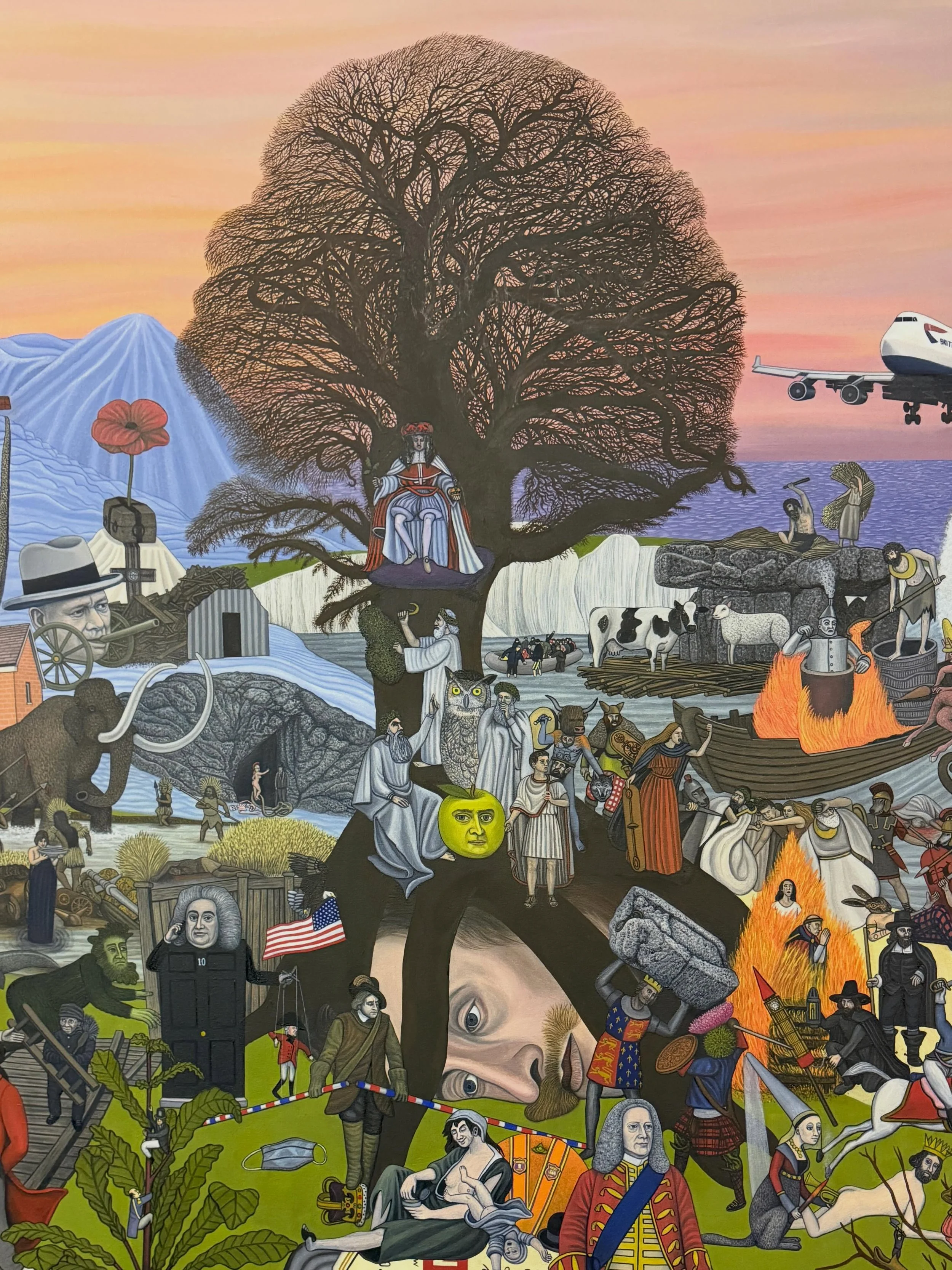 A section from my Children of Albion painting references Oak Apple Day which is today, once one of the most widely celebrated holidays in England.
Established by Parliament in 1660, the day marked the restoration of King Charles II to the throne foll