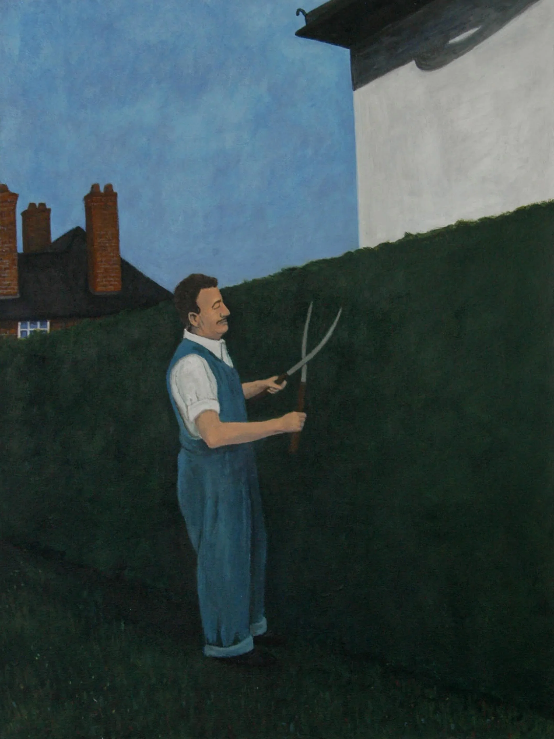 This is a very old student painting called Man With Sheers, 60cm x 45cm, Acrylic on Canvas, that I painted back in 2007. At the time I was really inspired by the disgarded black and white photos that I used to collect and buy from stalls at Spitalfie
