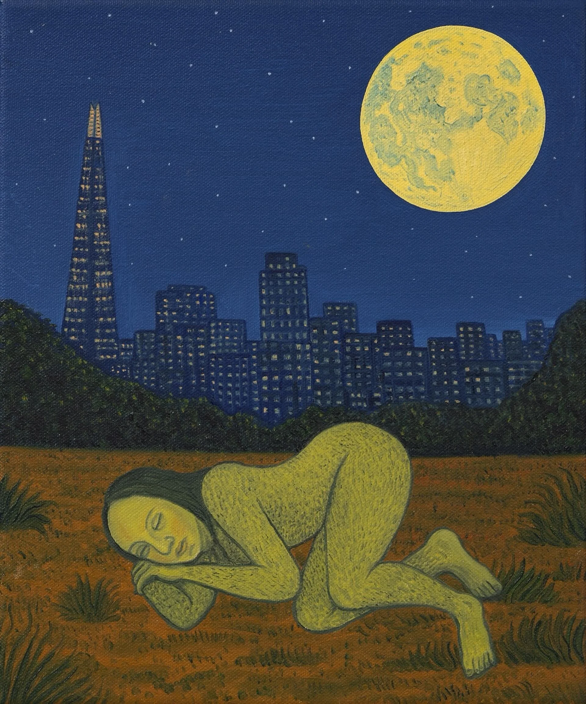 Sleeping Albina at Quiet Moon
Ben Edge, 2025
Oil on Canvas, 30 &times; 25 cm
This painting relates to January&rsquo;s full moon, once known as the Quiet Moon, a name reflecting the barren landscape and stillness of midwinter. Yet even in the depths o