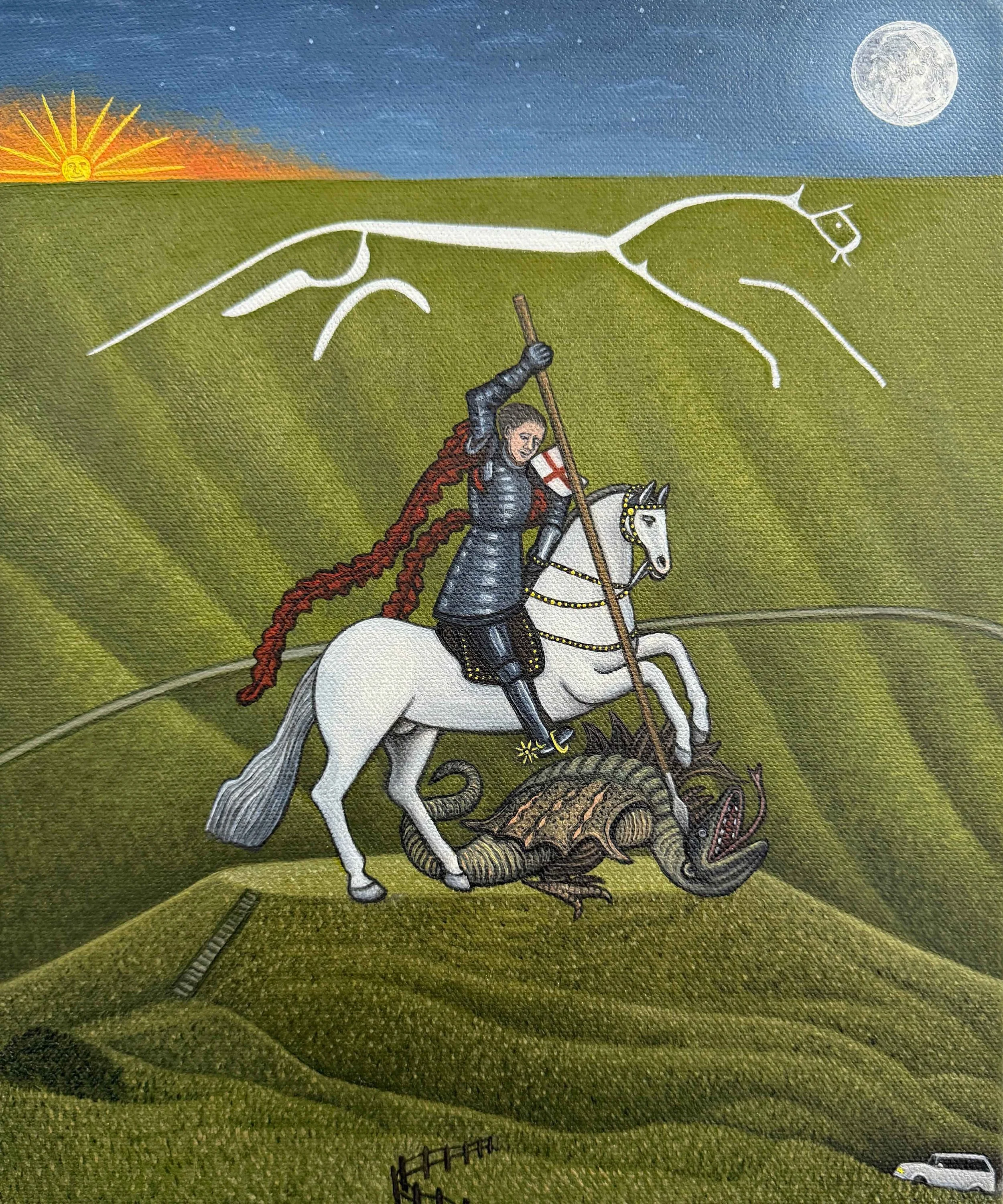 ST GEORGE AND THE DRAGON AT FULL HORSE MOON. Oil on Canvas. 25cm x 30cm. 2025.