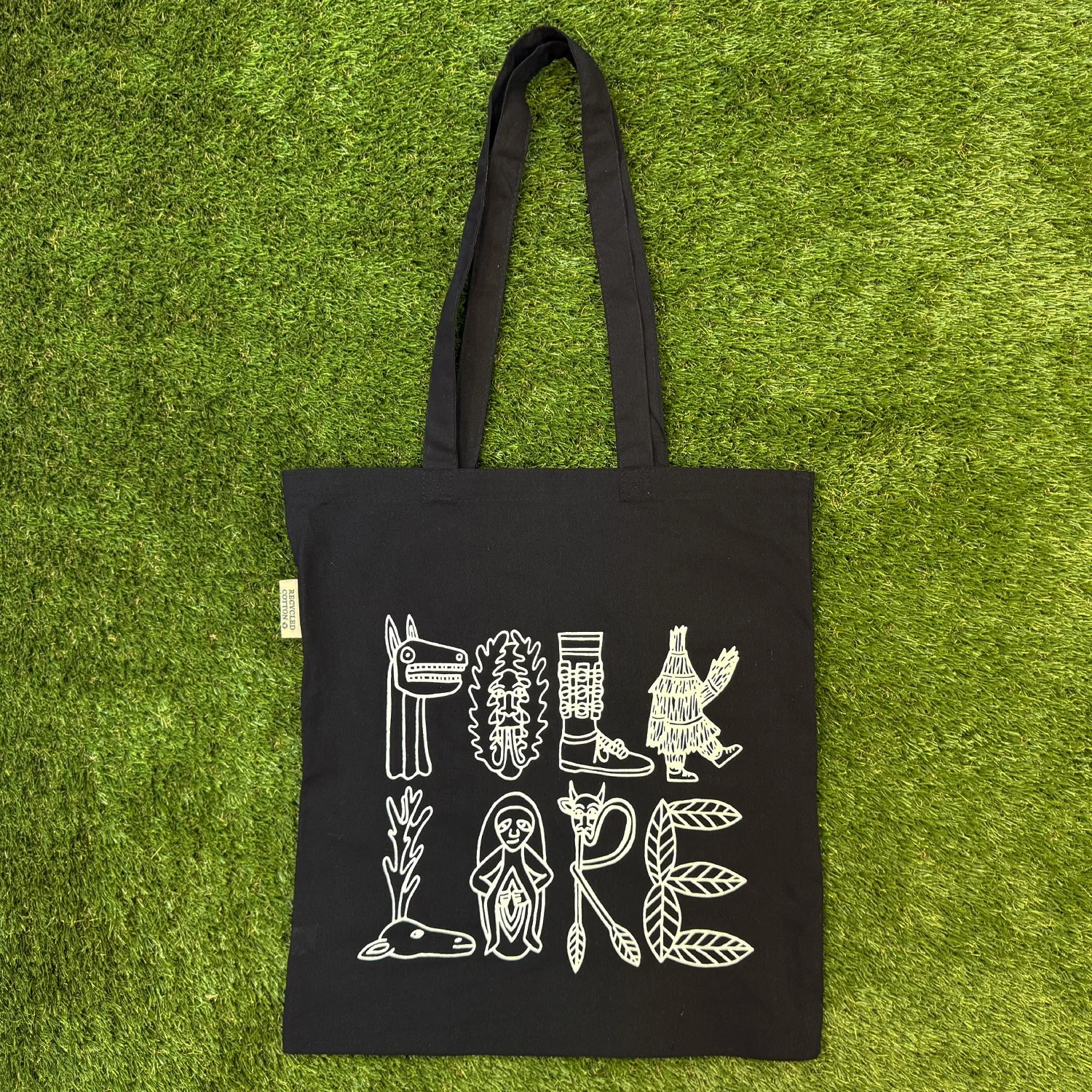 FOLKLORE HIGH QUALITY RECYCLED COTTON TOTE BAG - WHITE PRINT ON BLACK