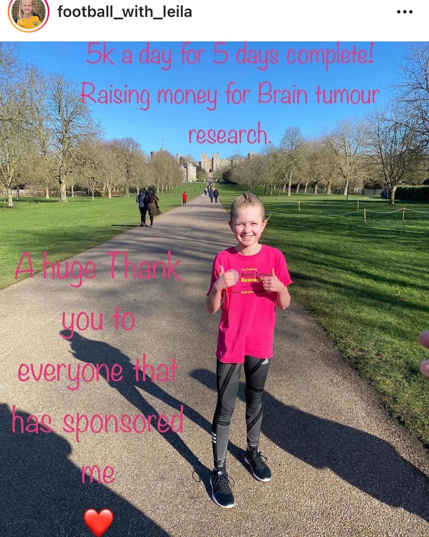 Our amazing niece @football_with_leila has just run 5k everyday for 5 days. She is raising money for Brain Tumour Research. She&rsquo;s smashed it and we are really proud of her, please donate if you can. Link in bio