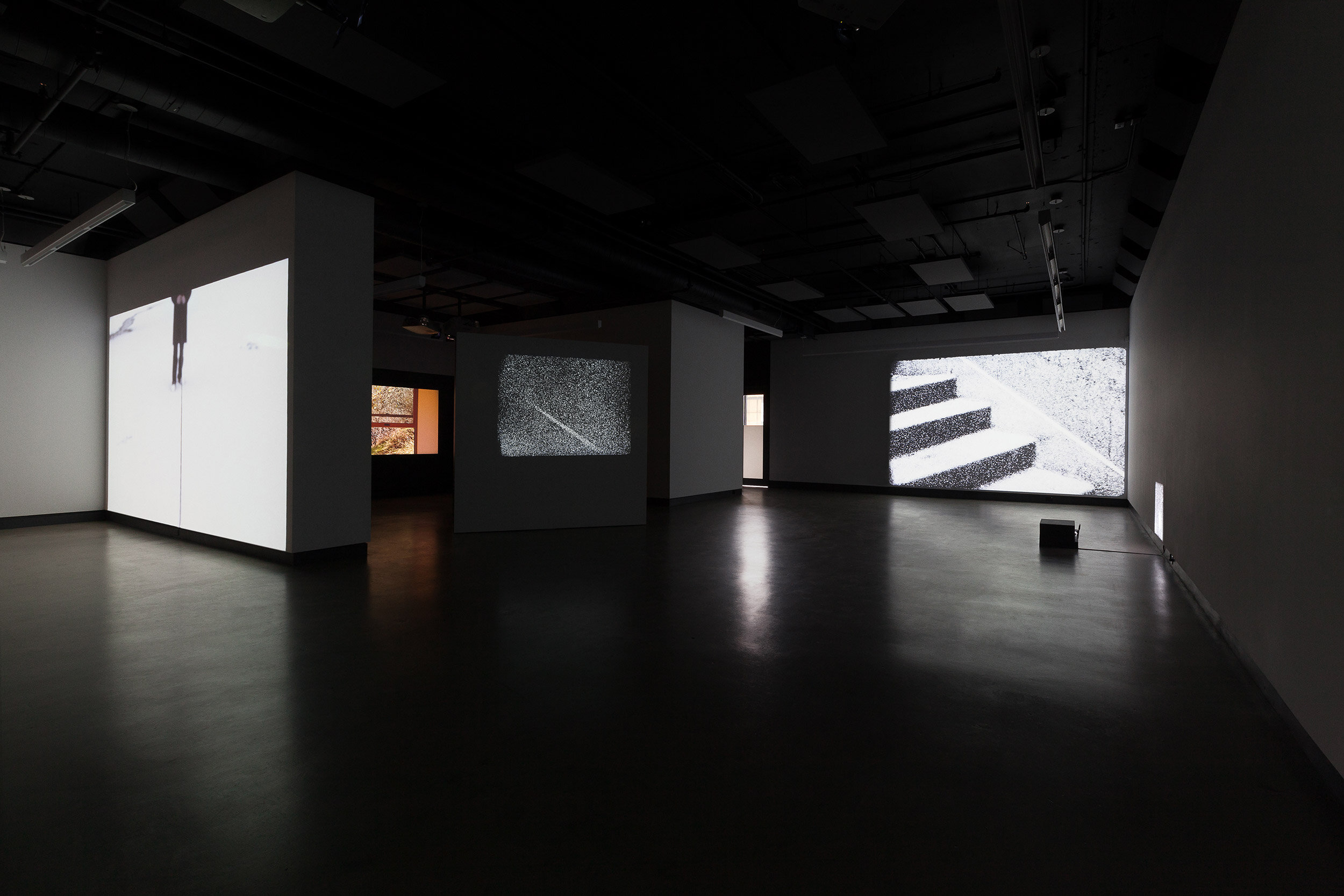  © Installation view of the exhibition, Dazibao, 2018. From left to right: Ismaïl Bahri, James Benning, Miriam Sampaio. Photo: Marilou Crispin. 