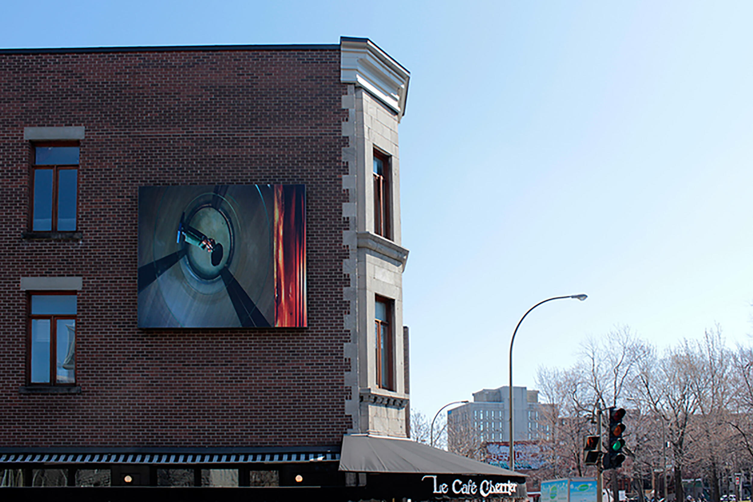  © David Tomas,  Untitled (Study for Live Rightly, Die, Die…)  (2012). Installation view on the façade of the Café Cherrier. 