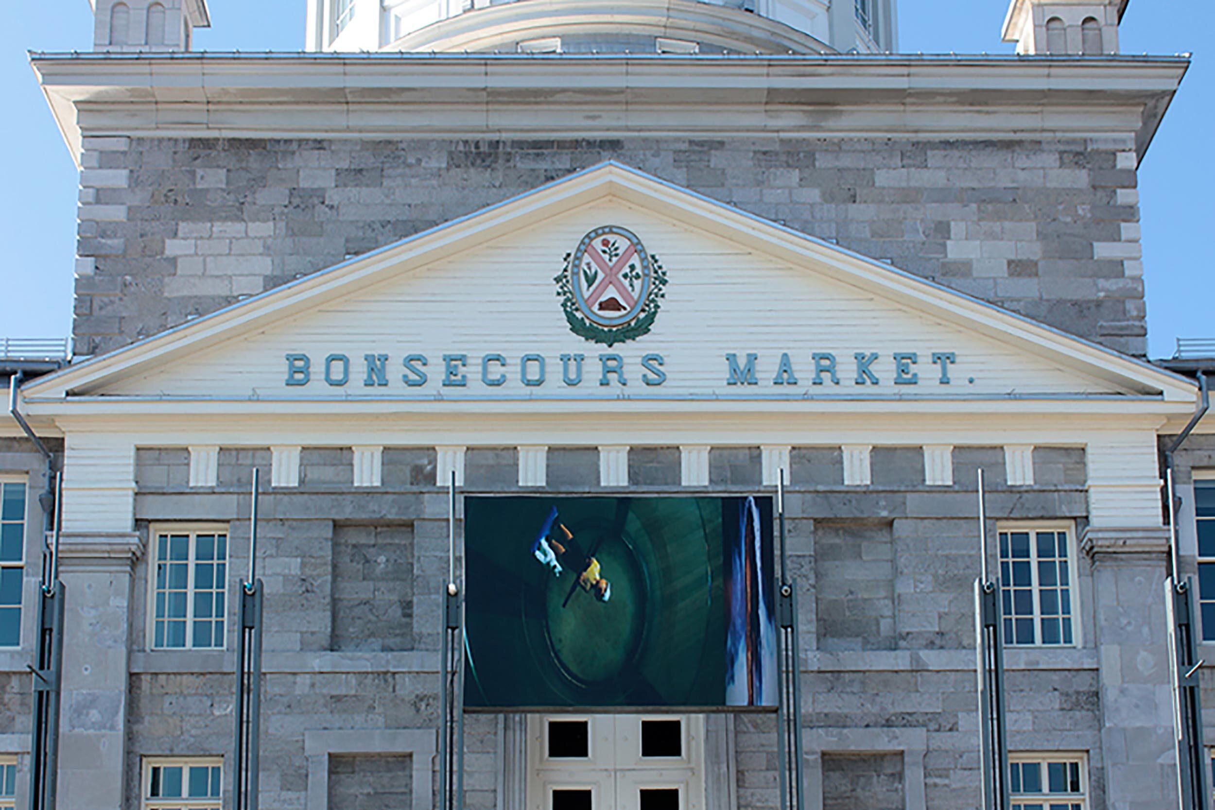  © David Tomas,  Untitled (Study for Live Rightly, Die, Die…)  (2012). Installation view on the façade of the Bonsecours Market. 