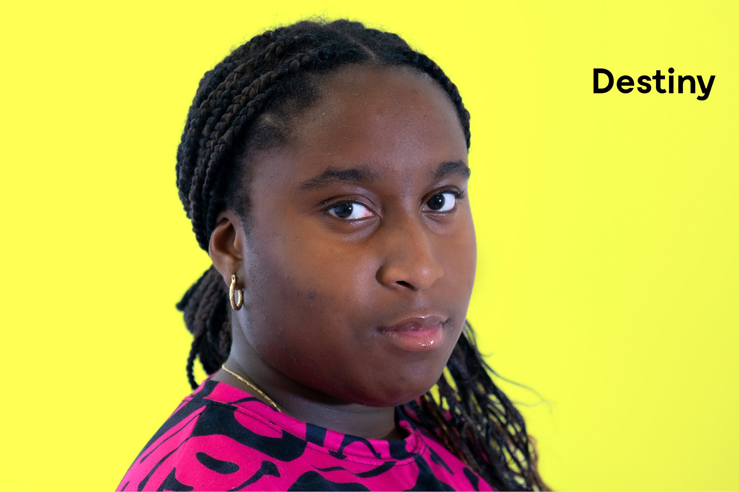  Destiny  Gbaniyi (b. 2009) is a high school student at École La Voie in the borough of Côte-des-Neiges. She aspires to become a lawyer by day and a sculpture artist by night. For the time being, Destiny is focused on continuing to win her dancing a