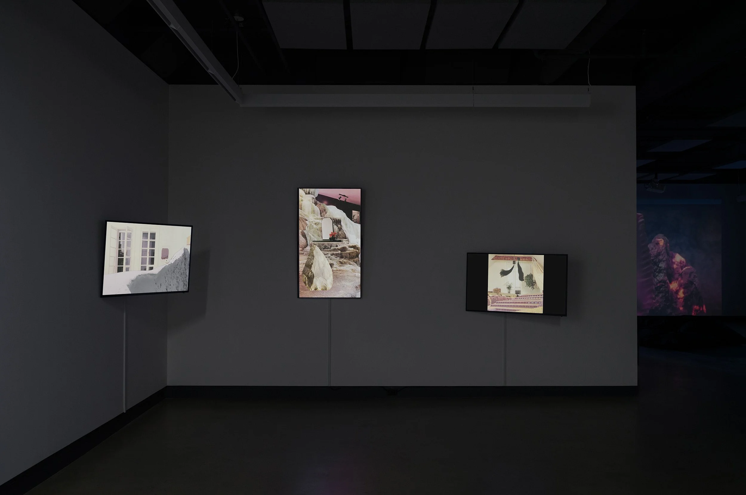  © Philippe-Aubert Gauthier and Tanya St-Pierre, view of the exhibition  Intact au milieu des flammes — Dans une série d'architectures vivantes , Dazibao, 2026. Photo : Atlas documentation 