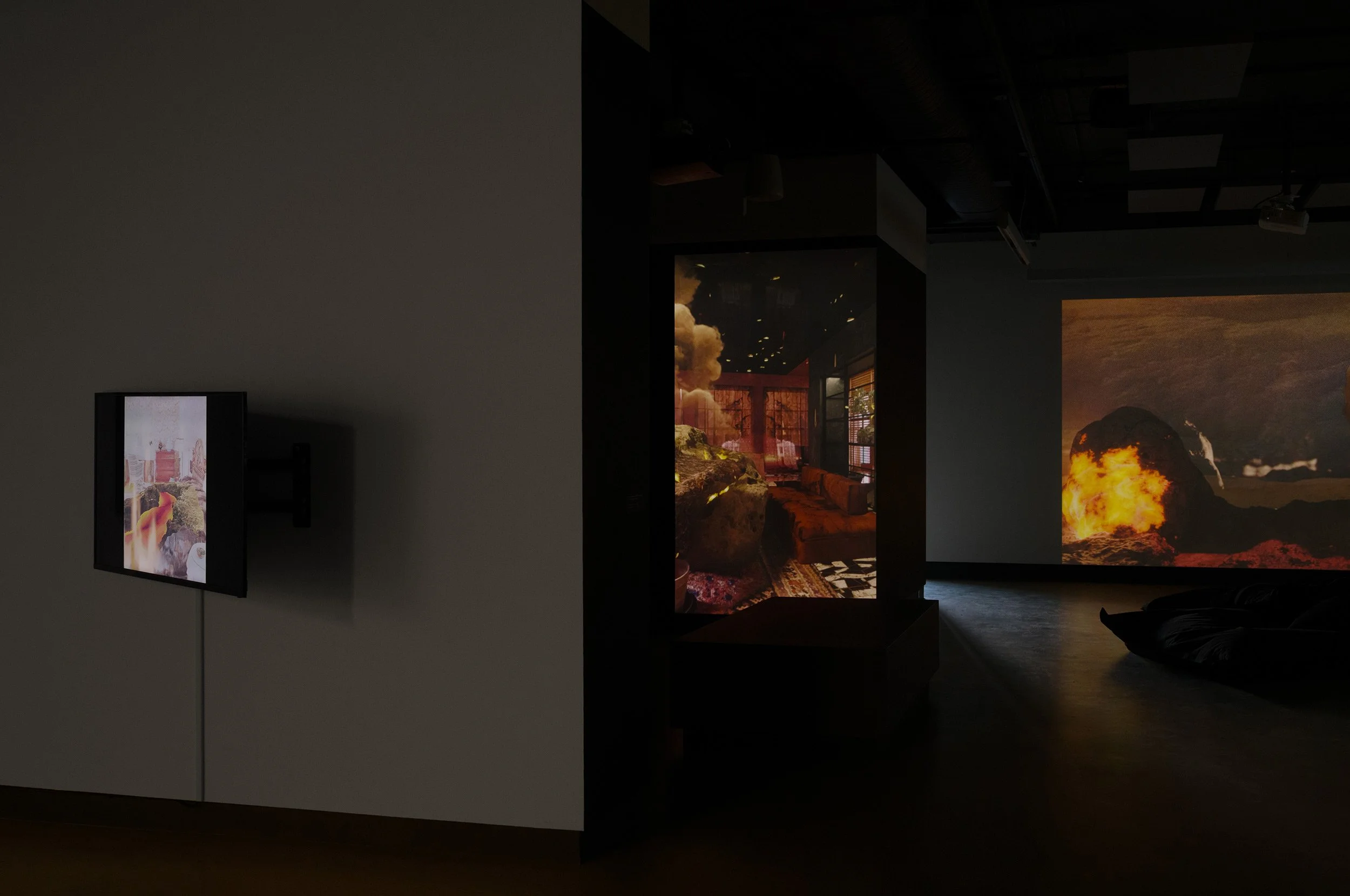  © Philippe-Aubert Gauthier and Tanya St-Pierre, view of the exhibition  Intact au milieu des flammes — Dans une série d'architectures vivantes , Dazibao, 2026. Photo : Atlas documentation 