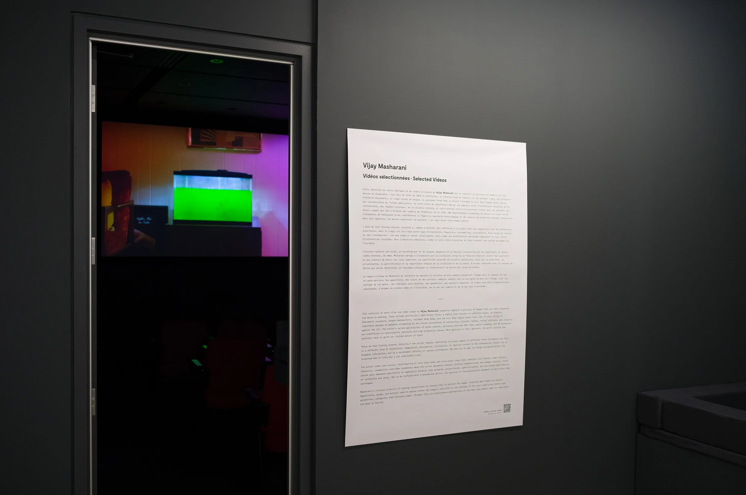  © Vijay Masharani, view of the exhibition  Selected Videos , Dazibao, 2026. Photo: Atlas documentation 