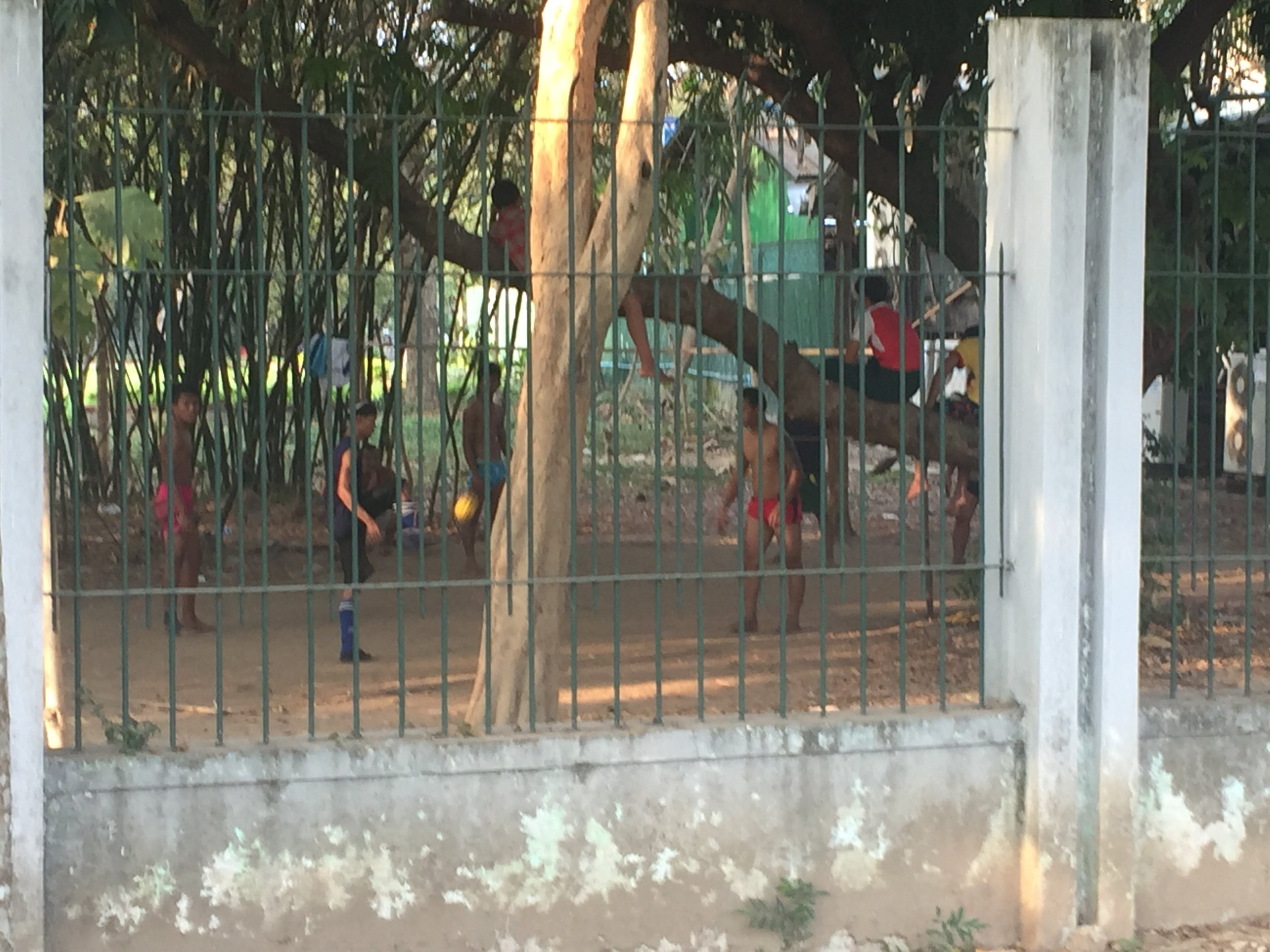 Young men playing the wicker ball game.