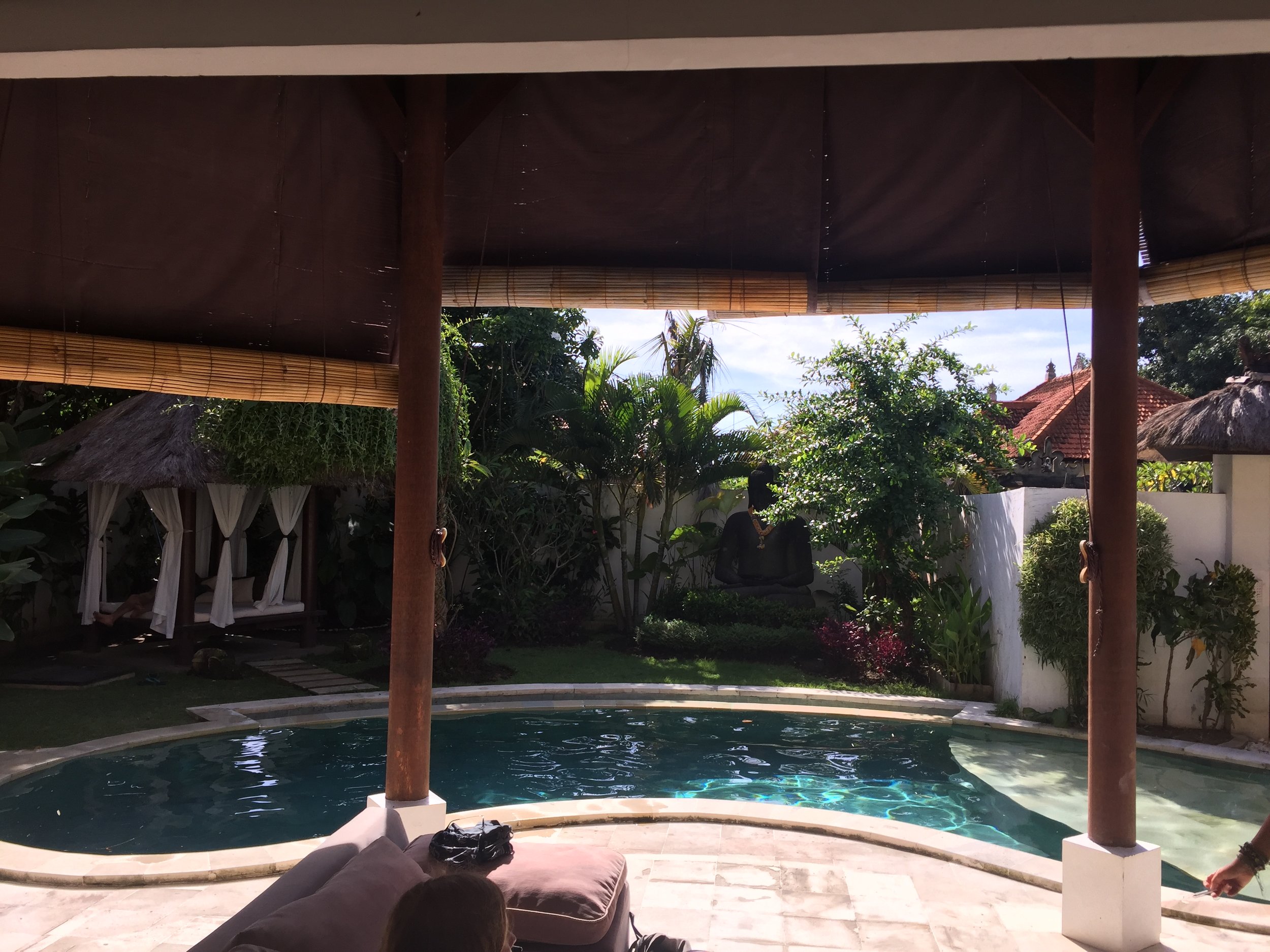 Our house Buddha watches serenely over the pool with a look that says "would sober you do that?"
