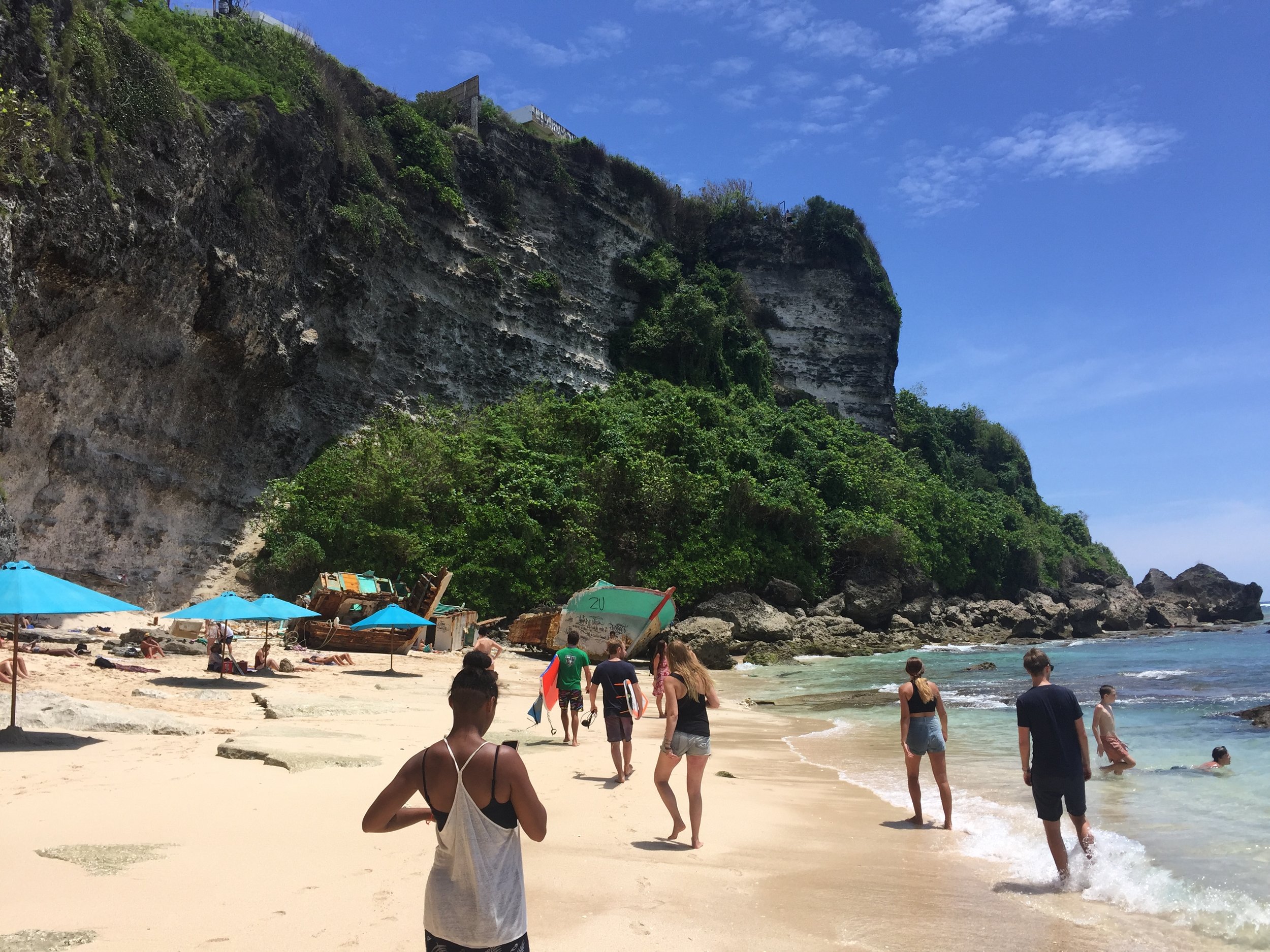 The shipwreck in the distance at Uluwatu beach.