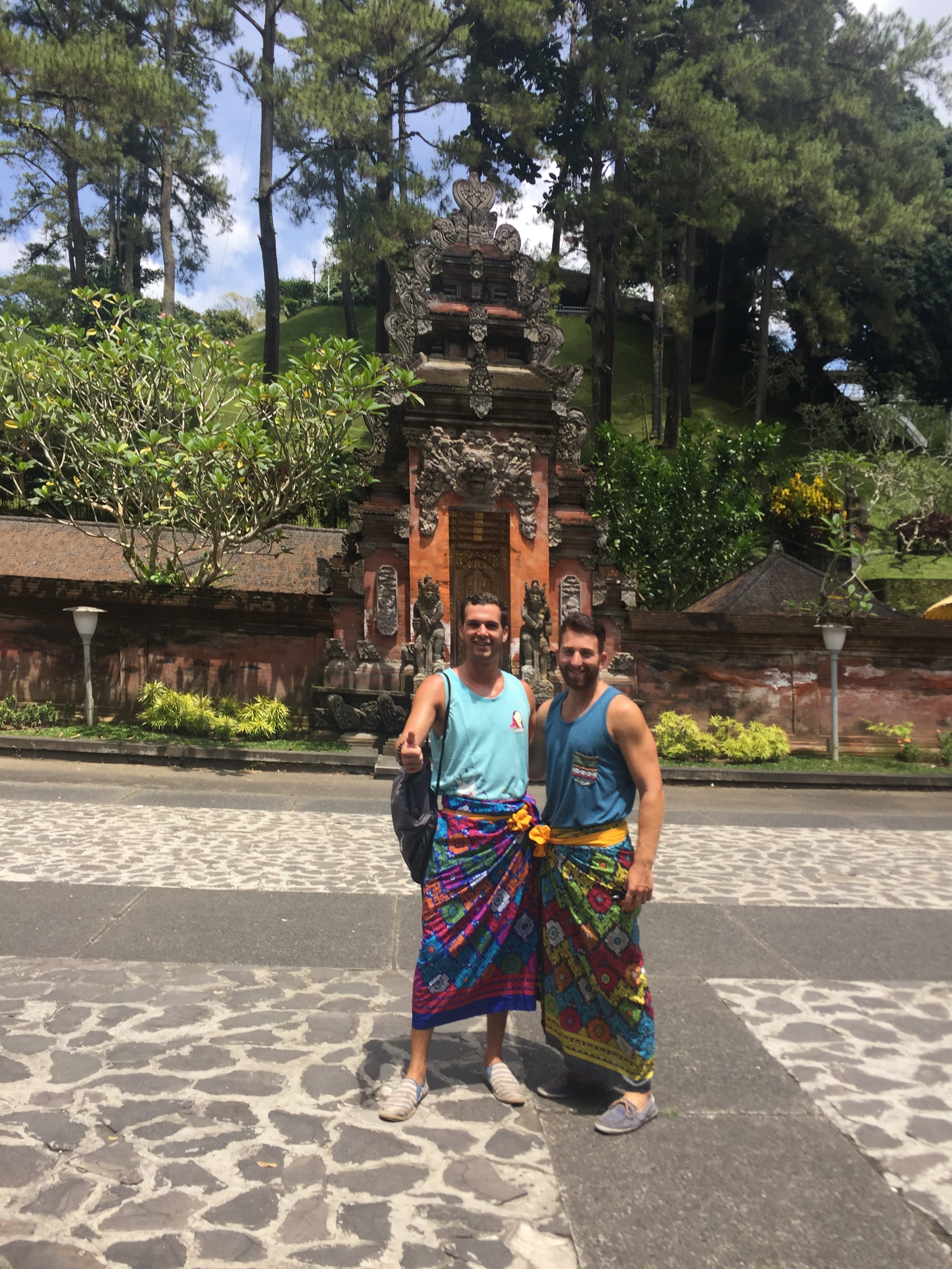 Dan and I model the latest in temple sarong fashion.