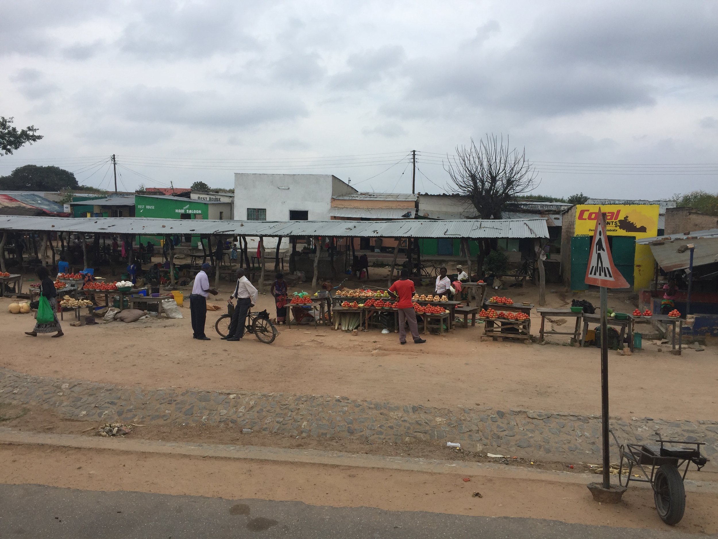 A typical streetside market along the highway from Lusaka to Chipata on the Mozambique border.