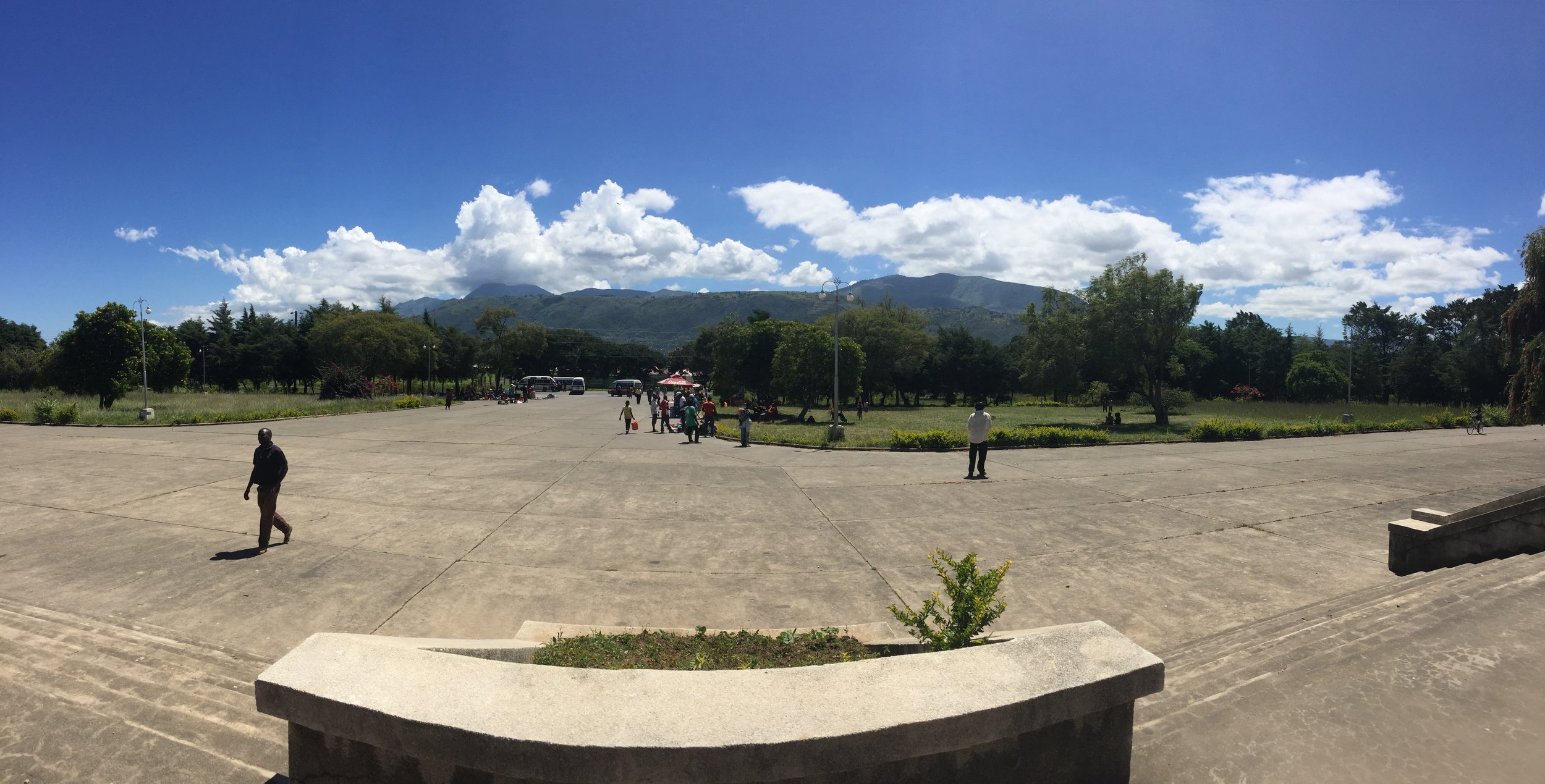 The view from the front of the spartanly-designed Mbeya railway station along the Tazara. The Chinese built Tanzania's rail stations in the large, unadorned fashion of communist engineering.