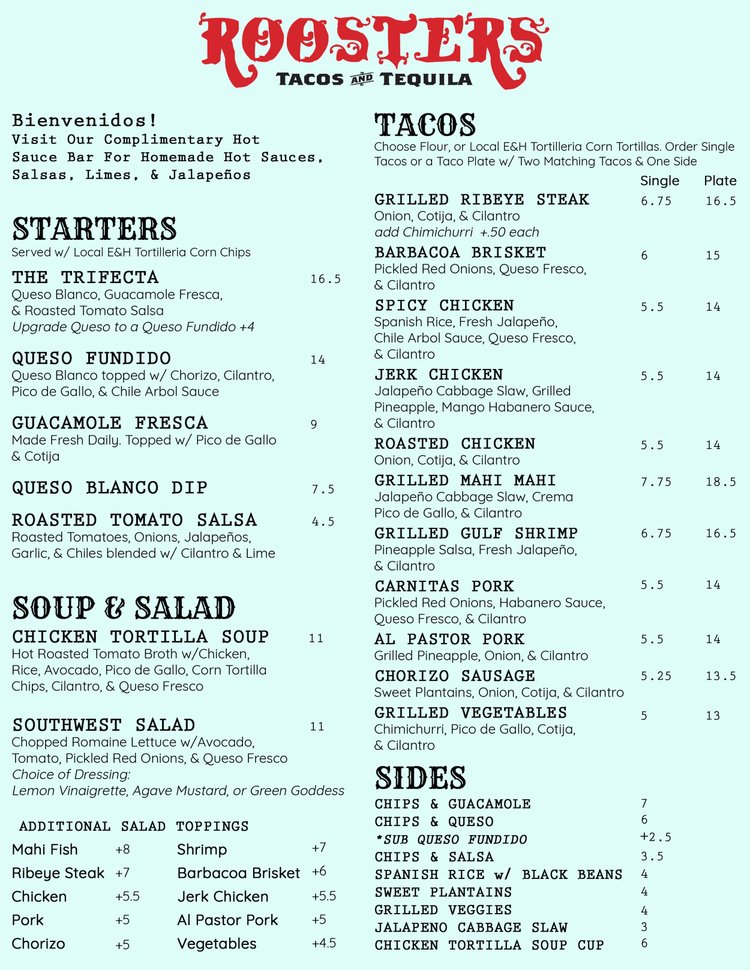 Roasters Menu Menu — Roosters