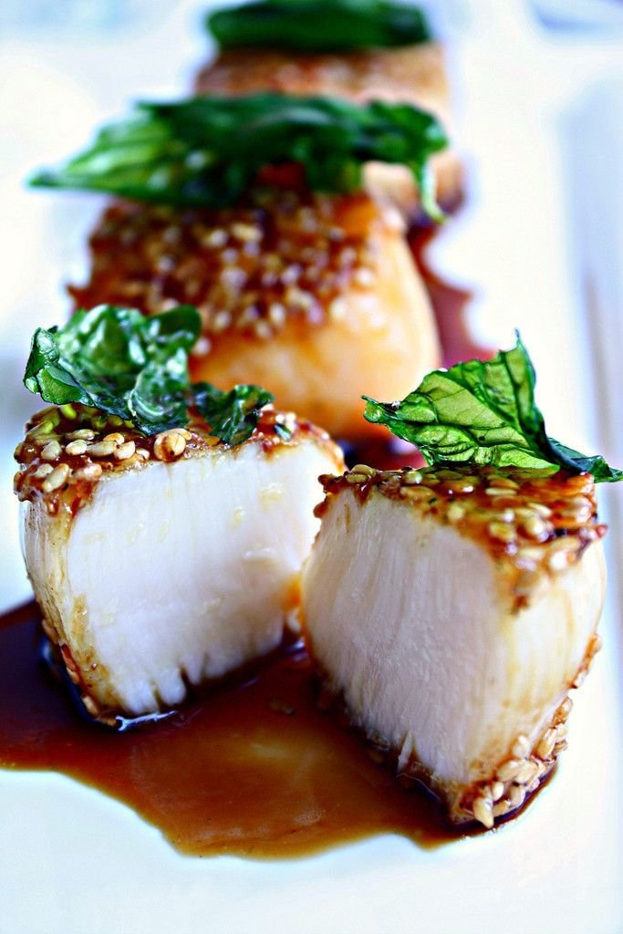 Recipe _ Sesame Scallops with Honey Soy Glaze and Fried Basil Leaves _ Scallop recipes, Food, Fish r.jpg