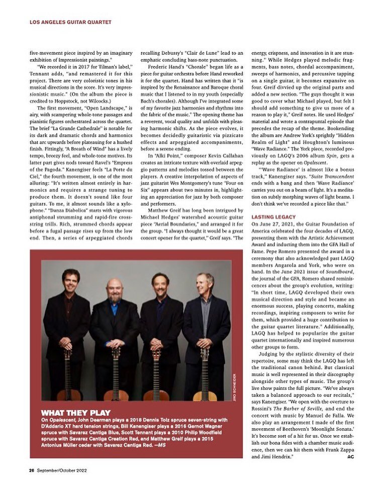 Nice article by Mark Small in the September issue of 
@AcousticGuitar_
  magazine! Mark covers some quartet history and our new album, &quot;Opalescent&quot;.
 
#LAGQ #album #opalescent #classicalguitar #LAGuitarQuartet #LosAngelesGuitarQuartet #opal